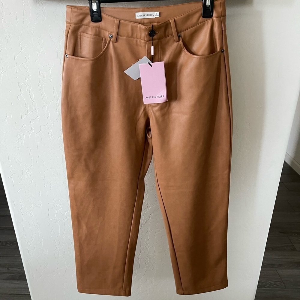 AVEC LES FILLES faux brown straight leg leather pants. Size L, NWT•••Anthro
